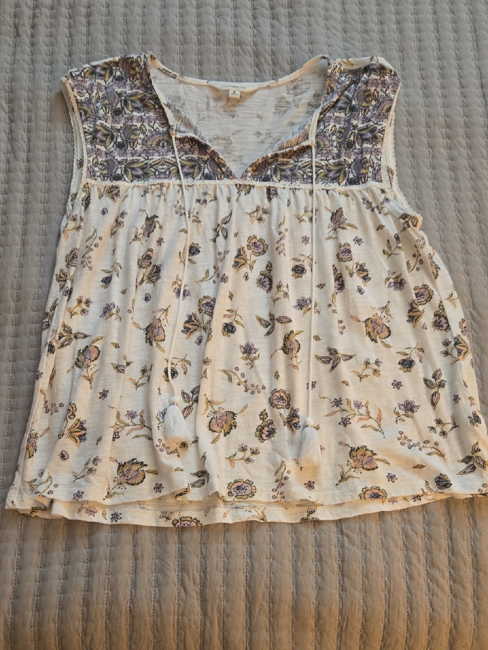 Lucky Brand Cream Floral Tassel Camisole with Purple Accents